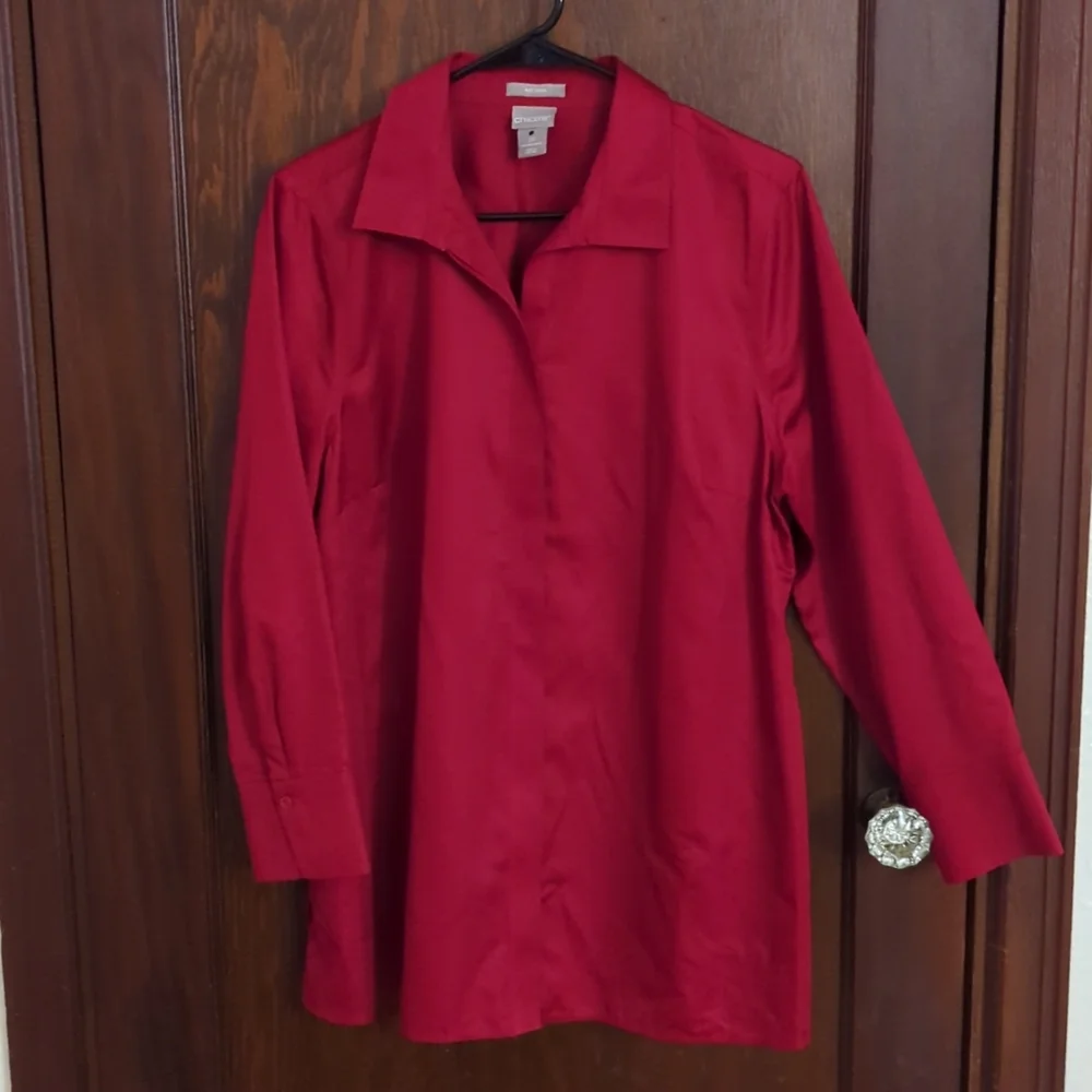 Chico's Red No Iron Long Sleeve Cotton Business Button Down Shirt Size 12 Petite